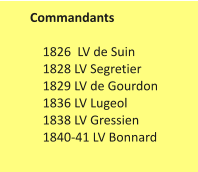 Commandants      1826  LV de Suin     1828 LV Segretier     1829 LV de Gourdon     1836 LV Lugeol     1838 LV Gressien     1840-41 LV Bonnard