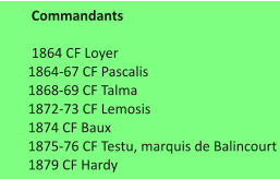 Commandants       1864 CF Loyer     1864-67 CF Pascalis     1868-69 CF Talma     1872-73 CF Lemosis     1874 CF Baux     1875-76 CF Testu, marquis de Balincourt     1879 CF Hardy